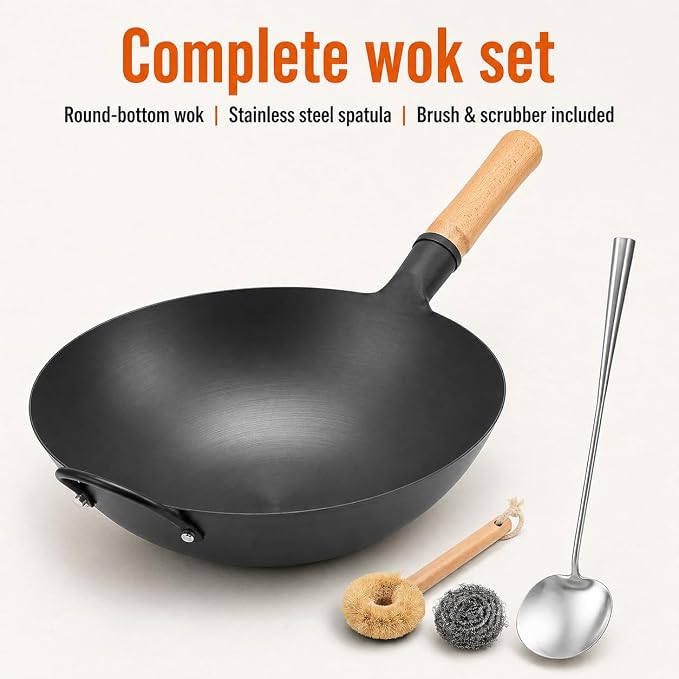 WANGYUANJI 13.4 Inch Round Bottom Carbon Steel Wok, Nitrided Iron Chinese Stir Fry Pan for Gas Wok Burner, Wok Ring Needed for Flat Gas Grates, Wooden Handle