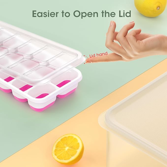 DOQAUS Ice Cube Tray with Lid and Bin,4 Pack Ice Cube Trays for Freezer | Silicone,Stackable.Easy Release Trays with Storage Bin & Scoop. Ideal for Freezer, Kitchen, RV, Cocktail, Coffee.