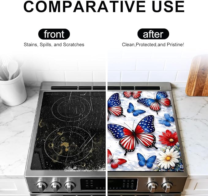 American Flag Butterfly Patriotic Stove Top Cover 28.35x20.47in | American flag butterfly patriotic stove top cover 28.35x20.47 in; red white blue cooktop mat dishwasher safe machine washable