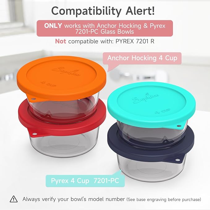 SOPHICO 4 Cup Silicone Lids Replacement for Pyrex & Anchor Hocking 7201-PC | Food Grade Silicone, Leakproof、Airtight Lids, Dishwasher Microwave Safe