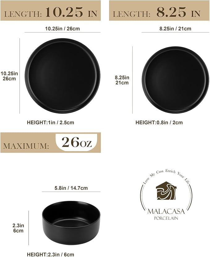 MALACASA 12 Pcs Porcelain Plates and Bowls Sets,Dinnerware Set for 4,Black | Modern Ceramic Dishware Set,Kitchen Dining Ware,Microwave and Dishwasher Safe,Simple Matt Black Design,Series LUNA
