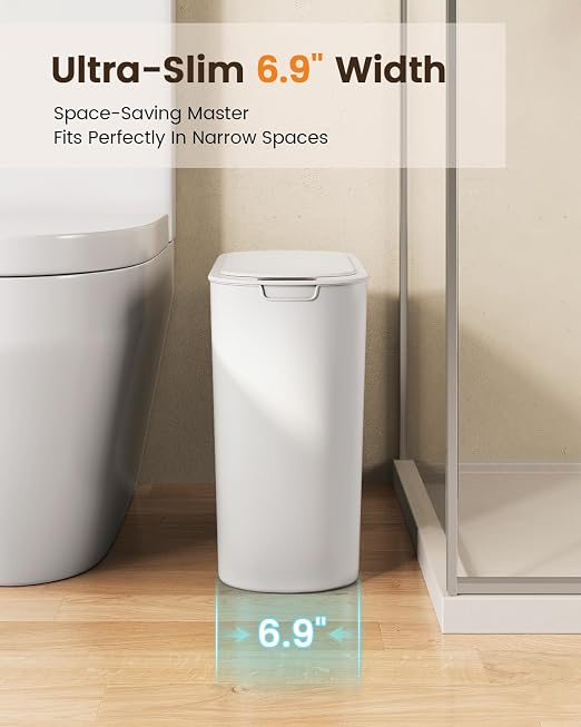 TIPGO 5 Gallon Automatic Bathroom Trash Can with Lid, White, Touchless | Motion Sensor, Slim Smart Garbage Bin, Plastic Wastebasket, Battery Operated, Manual Button, for Bedroom, Office,RV