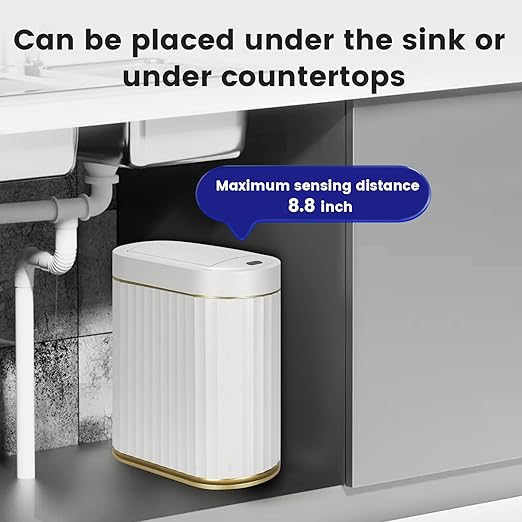 SYNCVIBE Bathroom Sensor Trash Can, 2 Gallon, Butterfly Lid, White Gold | Automatic Garbage Can, IPX5 Waterproof Slim Trash Bin, Under-Counter Wastebasket for Bedroom, Ling Room and Kitchen
