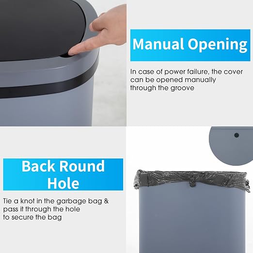 BestOffice | 13 Gallon Plastic Trash Can with Lid | Gray | Automatic Touchless Garbage Can | Odor Control | Modern Oval Design | Easy to Clean | For Kitchen, Bathroom, Office or Home