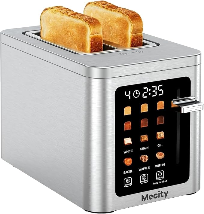 Mecity 2 Slice Toaster Smart Touchscreen, Stainless Steel Wide Slot Toasters Defrost, Reheat, Memory Function, Auto Shutoff, Digital Electric Bread Toaster for Bagel Muffin Waffle, 120V