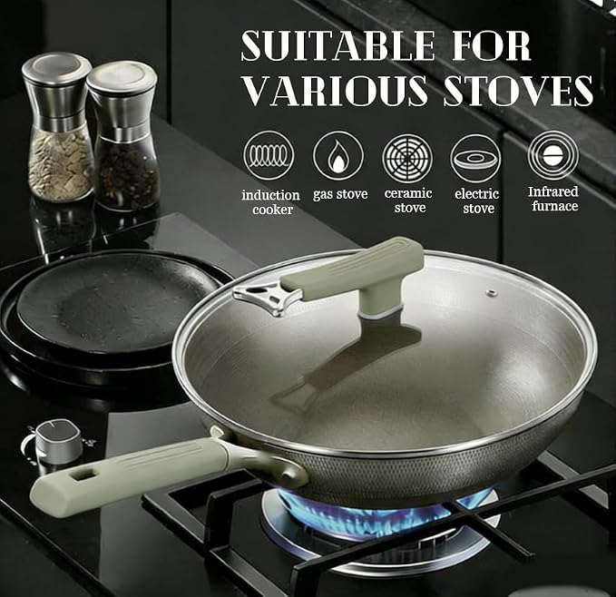 Titanium Pans for Cooking,13.39 Inch Non Stick frying pan with Lid | Large Family Size Wok ,Even Heating Fry Pan ,PFOA/PTFE Free Cookware,for Nduction,Gas Cooktops,Ceramic,Electric Stove