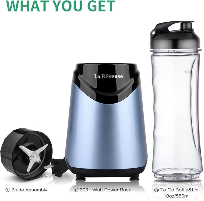 La Reveuse Smoothies Blender Personal Size 300 Watts with 18 oz BPA-free Portable Travel Sports Bottle (Light Blue)