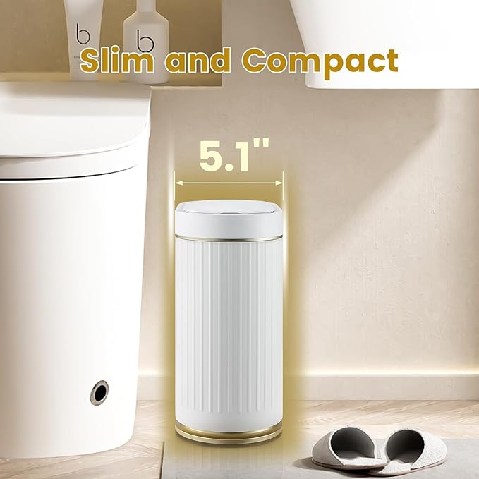 ELPHECO Slim Bathroom Trash Can with Lid, 2 Gallon White Golden | Smart Garbage Can, Plastic Wastebasket, Narrow Garbage Bin, Waterproof Bathroom Decor for Bedroom