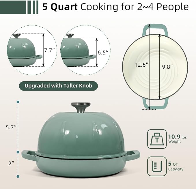 Davivy 5QT Enameled Cast Iron Dutch Oven Pot, Round Sourdough Dutch Oven, Bread Cloche for Sourdough Bread Pan with Domed Lid - Light Green