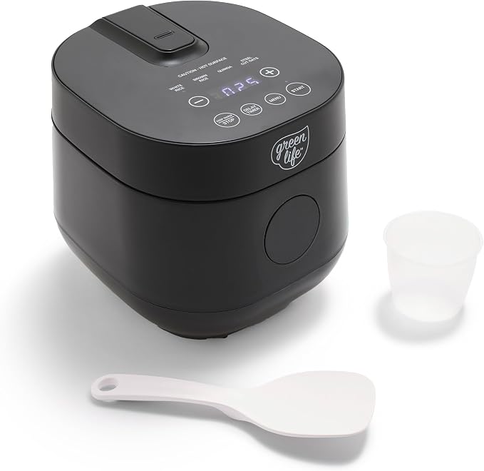 GreenLife Digital Rice Cooker, 2-Cups Uncooked/4-Cups Cooked, Black | PFAS-Free Ceramic Nonstick Coated 1.5QT Pot, One-Touch Presets, Oats, Quinoa, Brown Rice, Auto Warming, Fuzzy Logic Tech