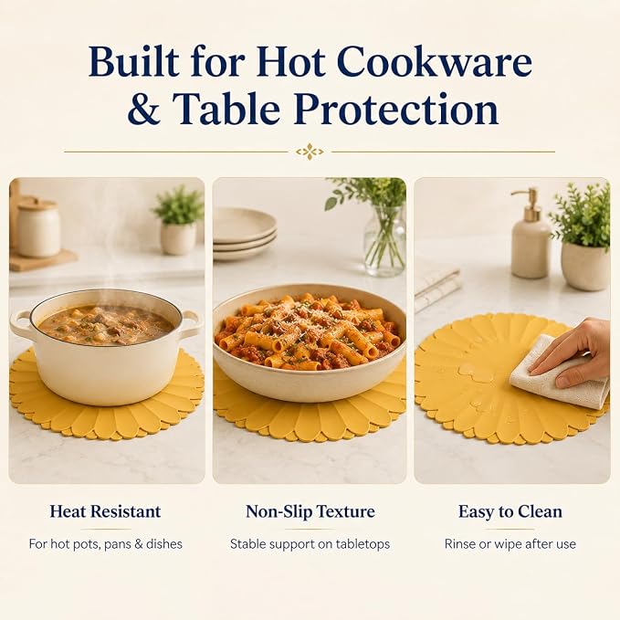 Heat-Resistant Silicone Trivet Mats, Non-Slip Hot Plate Holder for Kitchen Countertops & Dining Table, Reusable Pot Holder Pad with Secure Grip, Dishwasher Safe (Yellow, Diameter: 30cm/11.81")