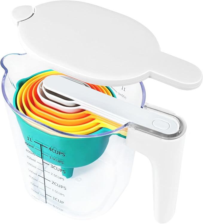 Stackable 10-Piece Measuring Cups and Spoons Set with White Lids | Kitchen gadgets for cooking & baking. Includes 10 stackable cups & spoons. Dishwasher-safe. For liquid & dry, multicolor