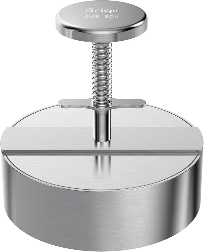 Brigii Burger Press, 5.5" 304 Stainless Steel Hamburger Press Patty Maker | Spring back design, thickness guide 100g-400g, easy release, no coating, no rust, dishwasher safe, for ground beef patties