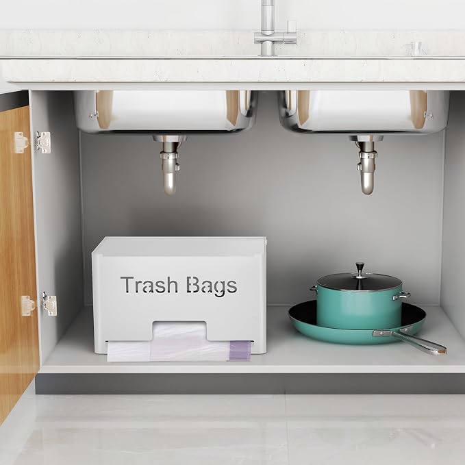 STWWO Extra Large Trash Bag Holder, Garbage Bag Dispenser Holder, White | Trash Bag Storage Organizer for Kitchen Laundry Room Under Sink, Metal Trash Bag Holder Dispenser Wall Mounted /Freestanding