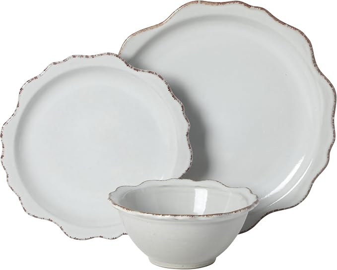 Gibson Elite Kennon Road Plates and Bowls Set, 12-Piece Dinnerware Set, White Scalloped Stoneware Dishes, Dinner Plates, Salad Plates & Cereal Bowls, Reactive Glaze