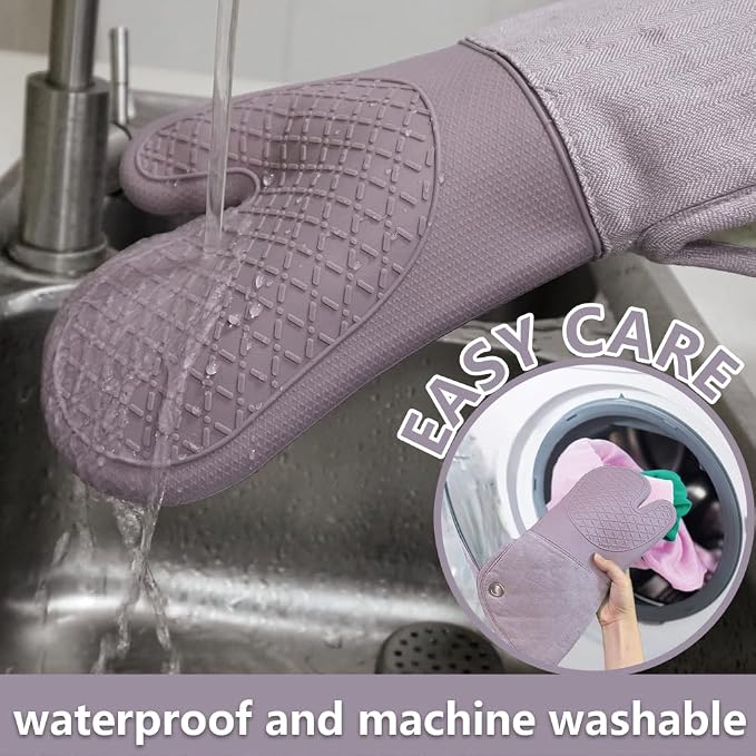 Professional Microwave Silicone Oven Mitts one Pair, Kitchen Mitten Set | Heat Resistant with 500 Degrees Oven Gloves Pot Holder for BBQ Cooking Baking (Purple)