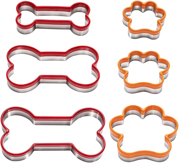 6 pcs Dog Bone Cookie Cutters Set - Treats Molds, Paw Print Shapes | Stainless Steel+PVC