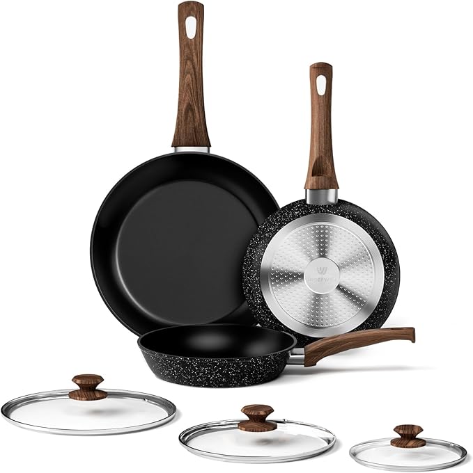 Innerwell Nonstick Ceramic Frying Pans Skillets Set with Lid 8"+9.5"+11" | No Toxic Egg Omelette Frying Pan, All Stove Compatible, Healthy Granite Induction Cooking Pan, PFOA & PFAS Free, Black
