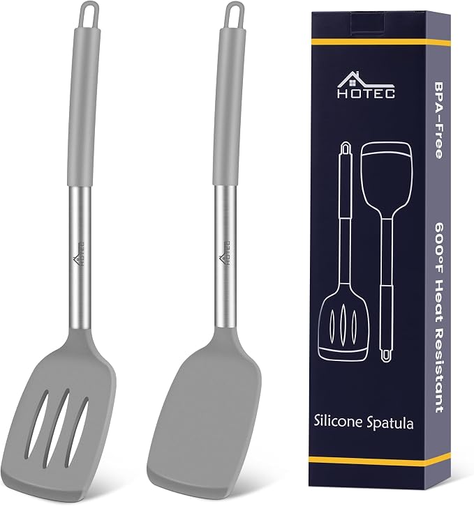 HOTEC Silicone Spatula Set of 2 Heat-Resistant 600°F & BPA-Free Kitchen SaptulaTurner with Stainless Steel Handles, Slotted & Solid Spatulas for Nonstick Cookware, 13.7 Inch, Grey