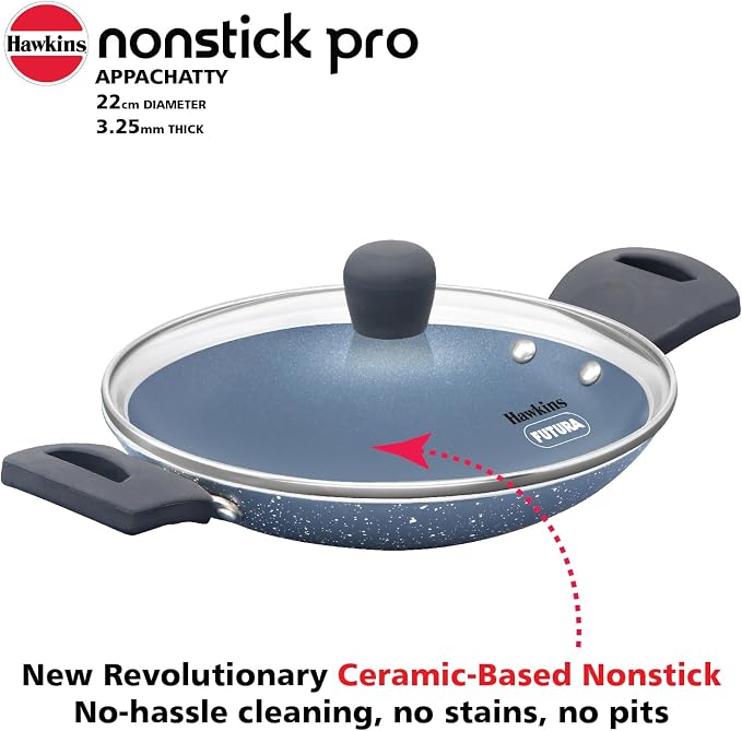 Hawkins Nonstick Pro 0.9 Litre Appachatty, Mini Kadhai, Appachatti, Appachetty, Appam Pot Maker, Deep Fry Pan with Glass Lid, Granite Kadai