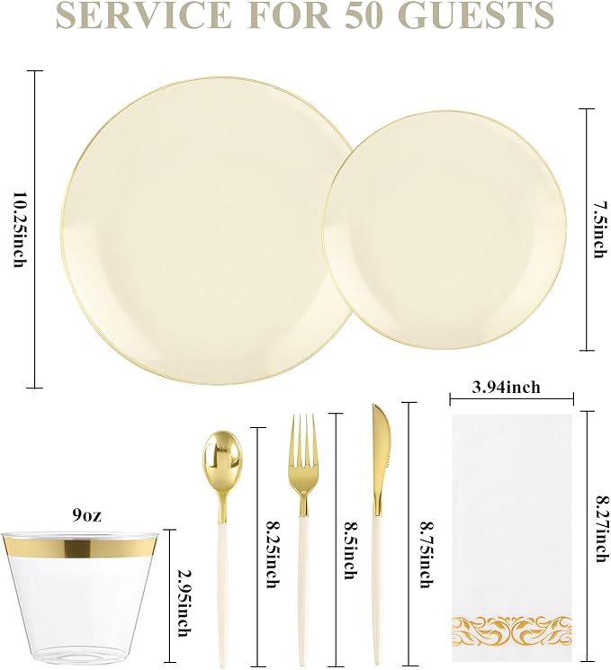 350 PCS lvory Plastic Dinnerware Set, lvory and Gold Rim Disposable Plates for 50 Guests, Include 100 lvory Plates with 150 Plastic Cutlery, 50 Napkins and 50 Cups