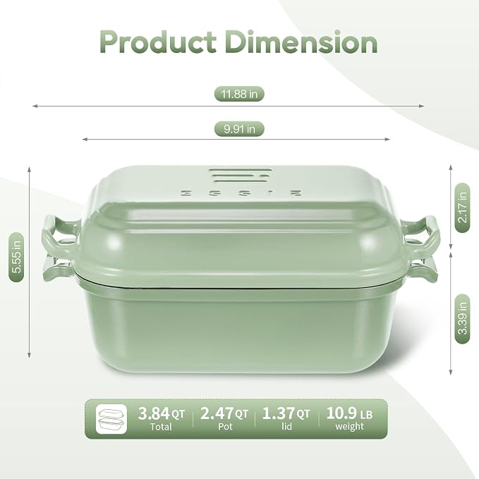 Enameled Cast Iron Dutch Oven Pot with Lid, Dutch Oven for Sourdough Bread Baking, 10×6 Bread Loaf Pans with Lid for Homemade Bread, Cake, Meatloaf, Oven & Induction Safe (Green, 3.84 QT)