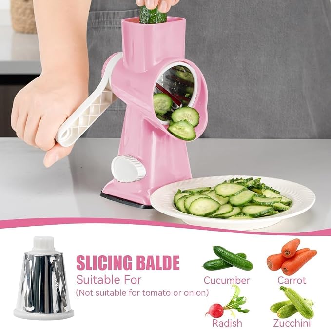 KEOUKE Rotary Cheese Grater Hand Crank Pink - Shredder Slicer Grinder 3 Stainless Steel Blades, Stable Suction, Labor-Saving Handle, Safe Kitchen Tool for Cheese, Vegetable, Nuts, Chocolate