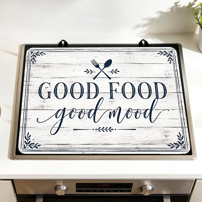 Good Food Good Mood Farmhouse Stove Top Cover Electric Gas Stove | Modern farmhouse kitchen decor; non-slip stovetop cover, glass cooktop noodle board, rustic country counter mat with quote
