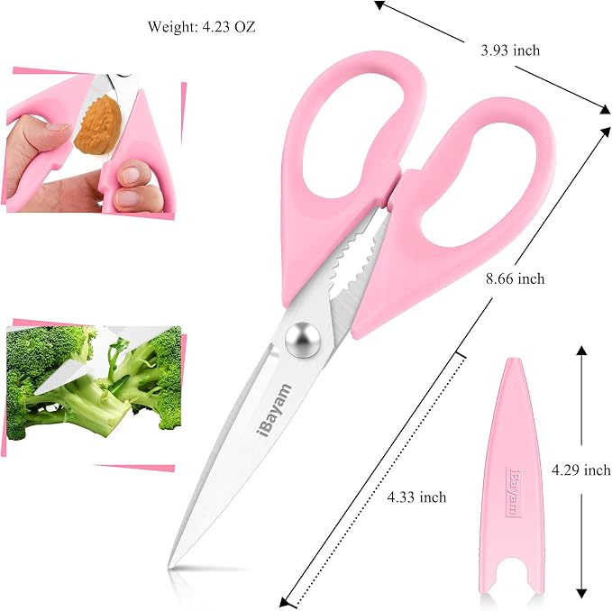 iBayam Pastel Kitchen Scissors All Purpose Heavy Duty & Cover, Pink/Purple | Dishwasher Safe, Comfort Grip, 8.7" Stainless Steel Sharp Food Scissors Poultry Shears Kitchen Utensils Accessories, 2-Pack