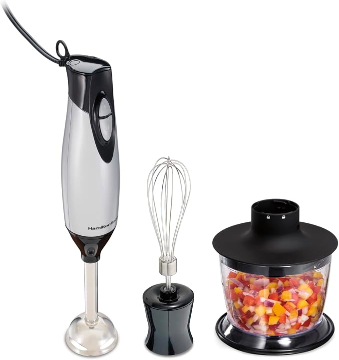 Hamilton Beach 4-in-1 Electric Immersion Hand Blender with Handheld Blending Stick, Whisk + 3-Cup Food & Vegetable Chopper Bowl, 2-Speeds, 225 Watts, Silver and Stainless Steel (59765) | Handheld Blending Stick | Whisk | 3-Cup Vegetable Chopper Bowl | ...