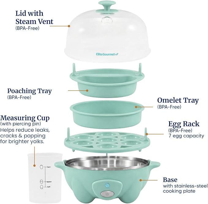 Elite Gourmet Easy Electric 7-Egg Cooker, Poacher/Omelet Maker, BPA-Free | Cooks soft, medium, or hard-boiled eggs - also scrambles eggs - auto shut-off with buzzer alert