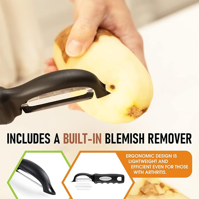 Spring Chef Swivel Vegetable Peeler for Kitchen w/Soft Grip Handle, Black | Premium Potato Peeler w/ Ultra Sharp Stainless Steel Blades, Multifunctional Veggie Peeler for Apple, Carrot, Cucumber, Fruit