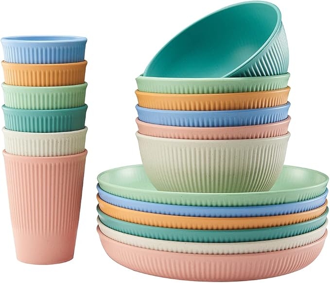 18pcs Wheat Straw Dinnerware Sets,HXYPN Unbreakable Reusable Dinnerware Set | Kitchen Cups Plates and Bowls Sets Dishwasher Microwave Safe Plates