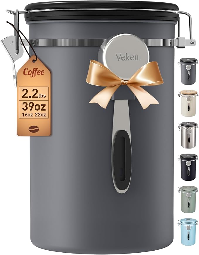 Veken Coffee Canister,39OZ, 2.2lbs,Large Airtight Stainless Steel Container | Kitchen Food Storage Jars for Beans,Ground, Espresso, Rice,Tea, Sugar,Cookie, Bar Accessories,Gifts, Scoop, Gray