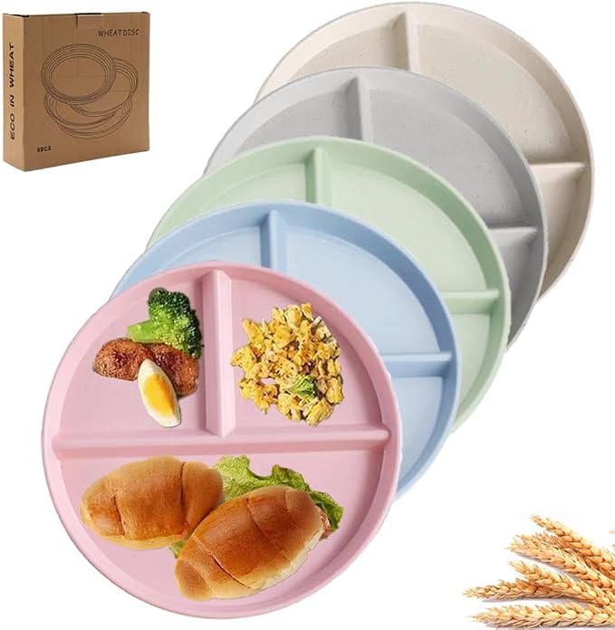 PUPOPIK 9" Unbreakable Divided Plates Set of 5, Wheat Straw Plate Reusable Dinnerware Portion Control Plates, Round Bariatric Plastic Plate for Kids Adults, BPA-free, Dishwasher Safe