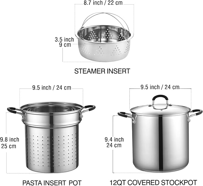 Cook N Home 12 Quart Stainless Steel Pasta Pot with Strainer Insert 3-in-1 | Steamer Basket, Pasta Strainer, Stockpot with Lid - Pasta Cooker Induction Compatible, Dishwasher & Oven Safe