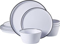 Gibson Home Folsom Shores 12 Piece Unbreakable Modern Melamine Plates and Bowls Dinnerware Set - Outdoor, Camping, & Everyday Use - White W/Black Rim