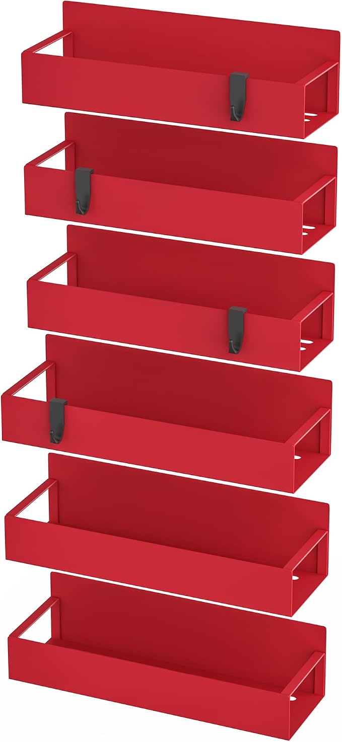 Metal Magnetic Spice Rack for Refrigerator Red, 6 Pack | Magnetic Shelves Heavy Duty for Fridge in Kitchen, Seasoning Storage Organizer, For Oven Washer and Dryer, For Heavier Items