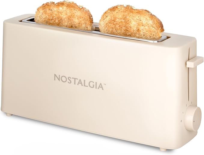 Nostalgia Slim 2-Slice Toaster – Wide Slot – Space-Saving Design – Adjustable Browning Dial – 10-inch Long Slot Fits 2 Slices of Bread or Bagel Halves – Drop-down Crumb Tray – Oatmeal