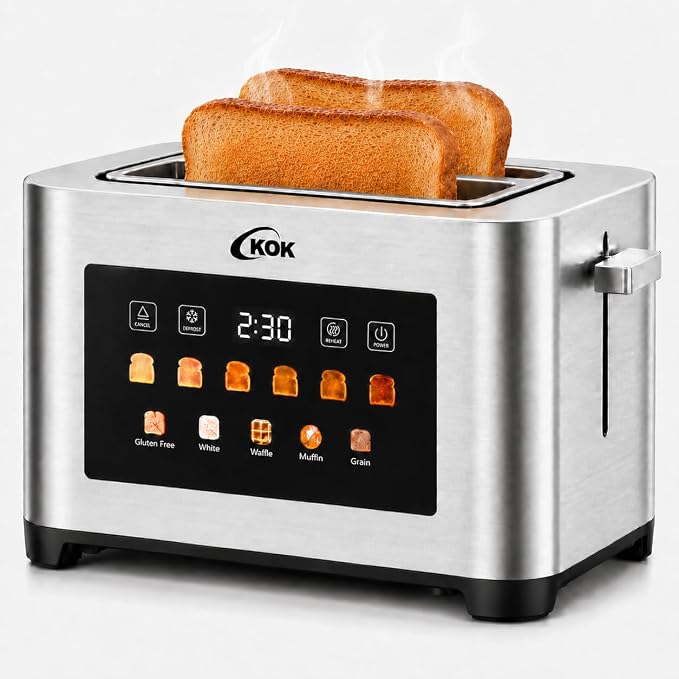 KOK 2 Slice Touch Screen Toaster, Stainless Steel Smart Toaster with 1.6” Extra Wide Slots, 6 Browning Levels & 5 Bread Presets, Digital Timer Defrost Reheat Cancel, Removable Crumb Tray for Kitchen