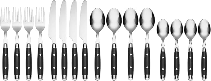 Cambridge Jubilee Black 16-Piece 18/0 Silverware Set for 4, Flatware | mirror finish, dishwasher safe | includes knives, forks, and spoons | heavy duty, cutlery set for kitchen and dining
