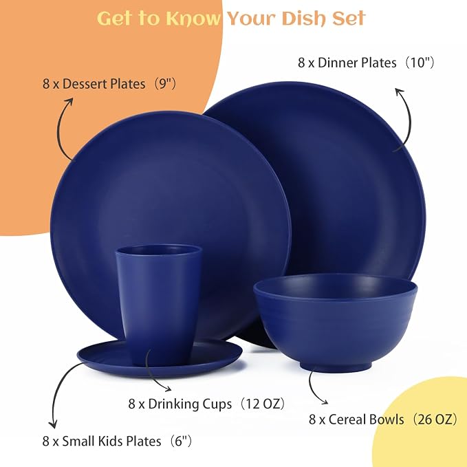 40 Pcs Wheat Straw Dinnerware Sets, Dinner Plates, Cups, Pasta Bowls, Dishes Set For 8, Microwave Safe Plates and Bowls Sets, Blue
