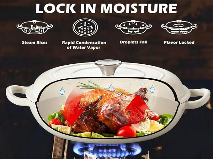 Leonyo 3.6QT Cast Iron Braiser Dutch Oven with Lid, Cream White | Nonstick Enameled Cast Iron Casserole Skillet, Cast Iron Cookware Shallow Dutch Oven with Lid for All Cooktop, Oven Safe
