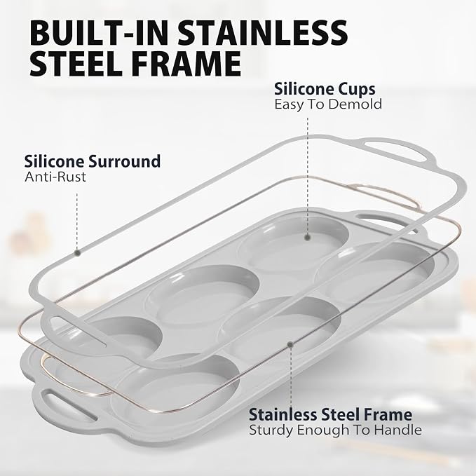 4 Inch Jumbo Silicone Muffin Top Pan with Frame Non Stick Egg Mold Baking | Silicone Egg Mold for Oven, Large Whoopie Pie Baking Pan with Handle for English Breakfast Sandwich Egg Bite Bun Tart Vnray