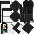 Oven Mitts Kitchen Towels and Dishcloths with Pot Holders Sets, Oven Gloves Hot Pads 500°F Heat Resistant with Silicone Grip, Include 2 Cooking Gloves/2 Potholders/4 Kitchen Towels/4 Dish Towels