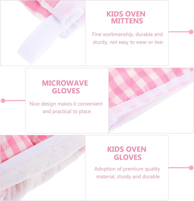 2Pcs Oven Mitts for Play Kitchen, Anti- Scald Gloves Microwave Oven Gloves Kitchen Mitts for Safe Baking Cooking (Pink Checkered)