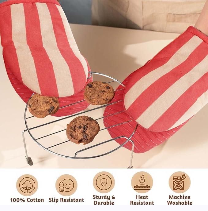 Folkulture Oven Mitts, Red Striped, Set of 2, Heat Resistant - (5.75"x9") | 100% Cotton, Non Slip, Silicone, Cute Striped Mini Mits with Hanging Loop, Kitchen Décor, Cooking Gifts, New Home Essentials