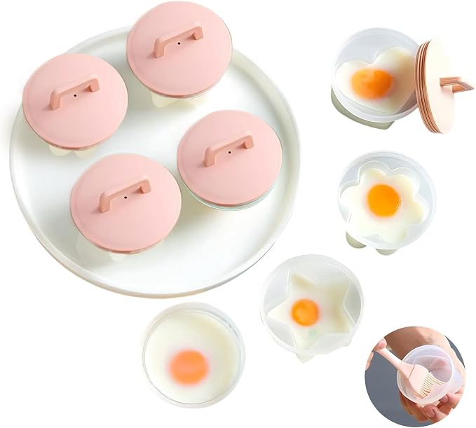 Egg Poacher Cups, 4 Pcs Poached Egg Cooker, BPA Free, Pink | 4 Shapes Reusable Egg Molds with Lid and Oil Brush Egg Coddler, Nonstick Egg Poaching Cups for Boiled Eggs Without Shell