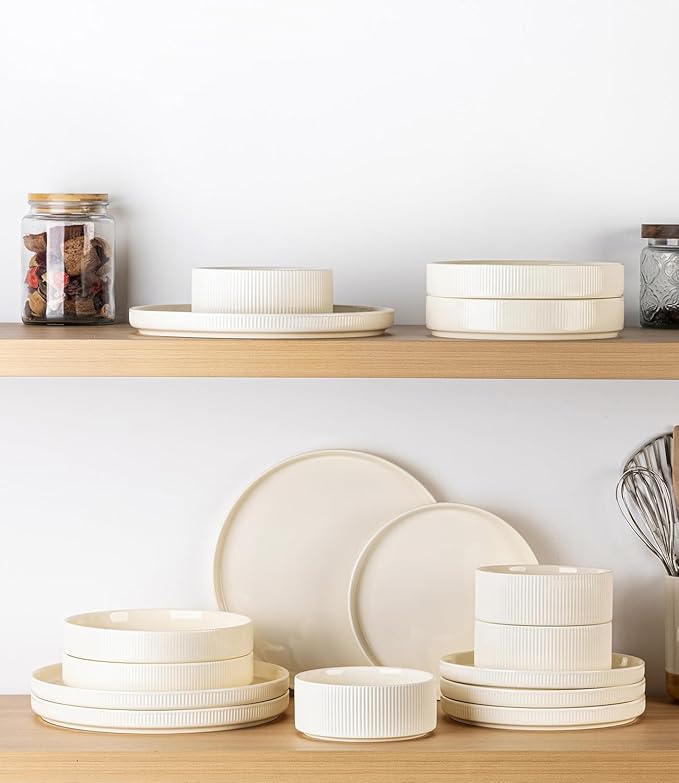 Ceramic Dinnerware Set for 4, 12-Piece Plates and Bowls Set | Lightweight Porcelain Dish Set, Scratch Resistant, Oven & Microwave & Dishwasher Safe, Beige