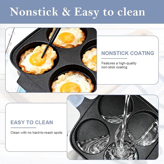 RANX INGST 4-Cup Egg Pan Nonstick with Lid 10 Inch Large Pancake Pan, Blue | Detachable Handle, Omelette Skillet Induction Compatible for Breakfast